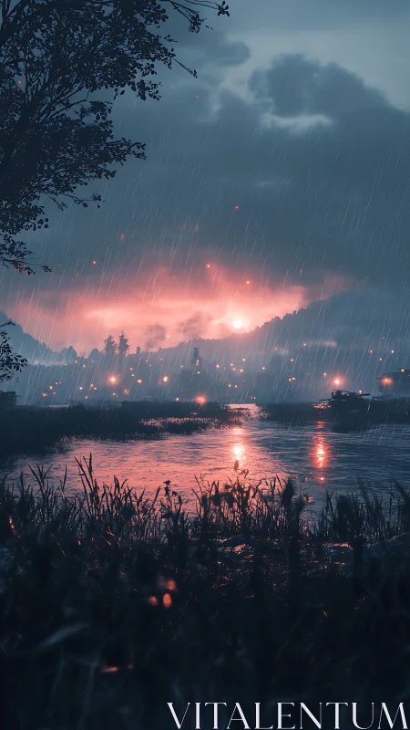 Rainy riverside landscape under pink illuminated sky.