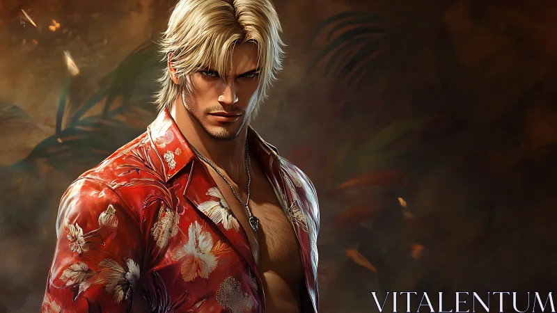 Sunlit rebel in a red tropical shirt stands in warm shadow.