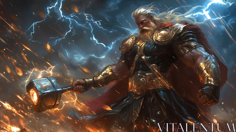 Thunder god warrior wields blazing hammer in storm fury.