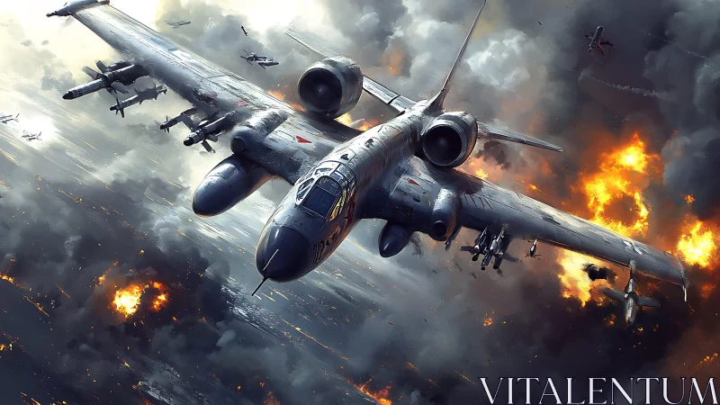 Strike fighter jet dives through firelit storm clouds.