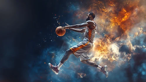 Digital basketball dunk amid blazing fire and cool smoke.