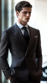 Elegant young businessman in tailored charcoal suit portrait.