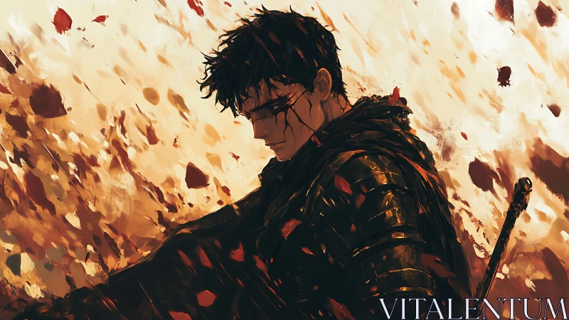 Wounded warrior pauses in a storm of falling embers and leaves.