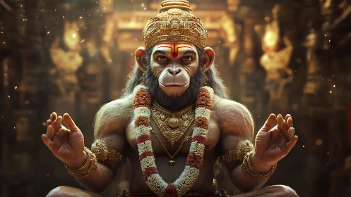 Simian deity in meditative pose with ornate gilded regalia.