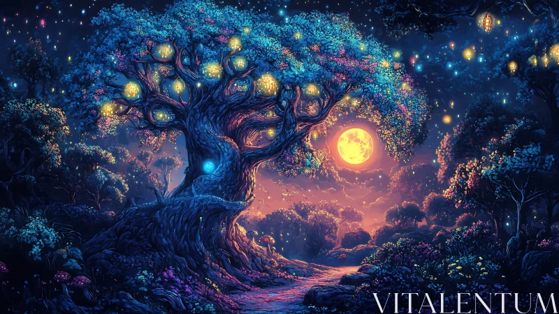 Luminescent arboreal nexus under chromatic lunar twilight.