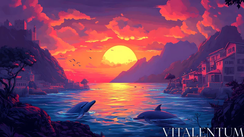 Dolphins serenade a neon sunset between storybook cliffs.