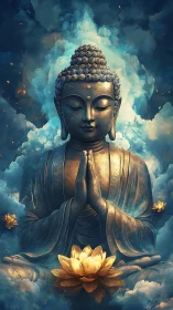 Golden Buddha statue rests in tranquil clouds and soft light