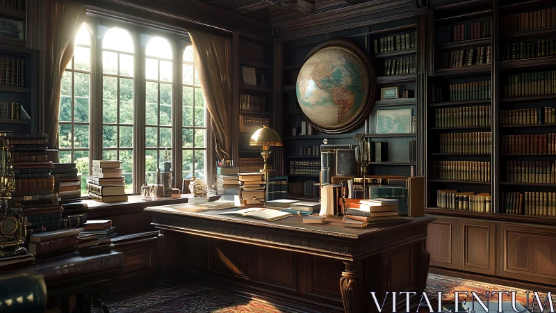 Classic wood paneled study lined with books and large globe.
