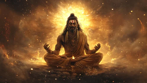 Meditating ascetic figure amid radiant golden energy field.