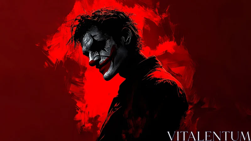 Portrait of sinister clown in high-contrast crimson chiaroscuro