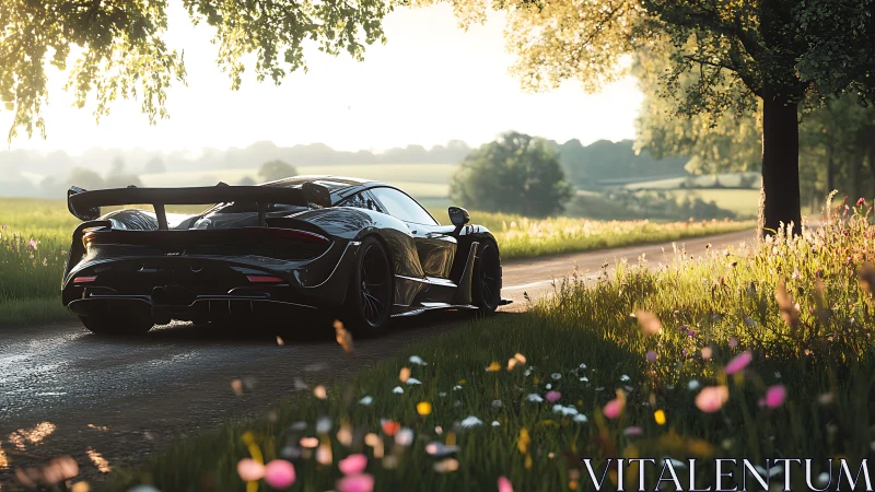 Black sports car is parked on narrow rural roadside