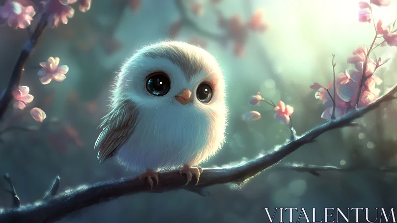 Adorable baby owl illustration on cherry blossom branch, soft lighting.