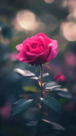 Single pink rose stem is isolated in shallow depth of field
