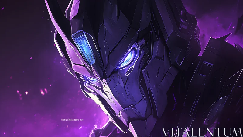 Angular robotic face in violet science fiction lighting.