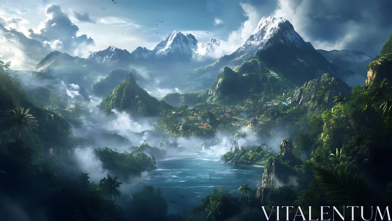 Epic digital painting of mist-laden tropical mountainscape panorama.