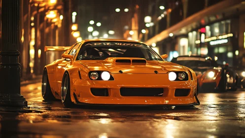 Midnight citrus racer prowls neon-soaked city streets.