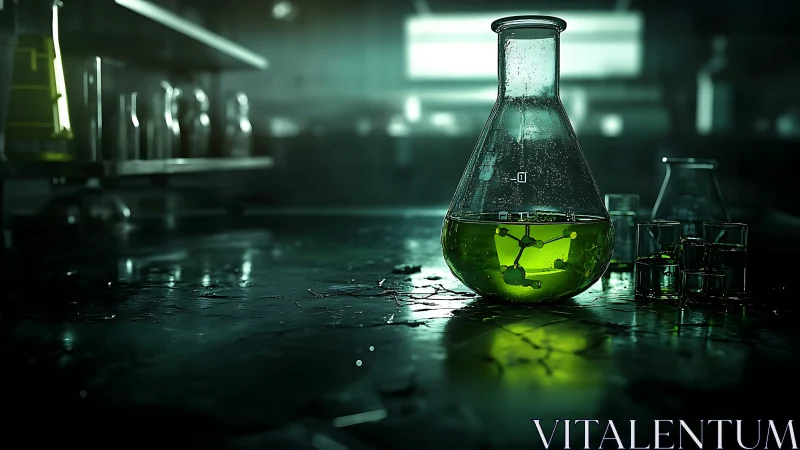 Green chemical solution in Erlenmeyer flask on lab bench.