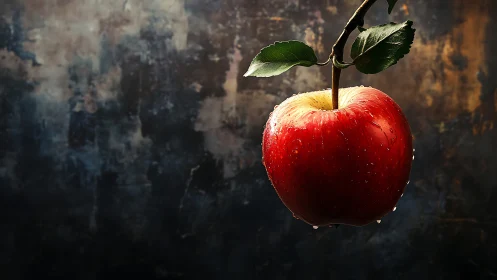 Suspended dewy apple against moody textured backdrop.