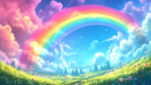 Vivid rainbow arch over bright meadow and glowing clouds.