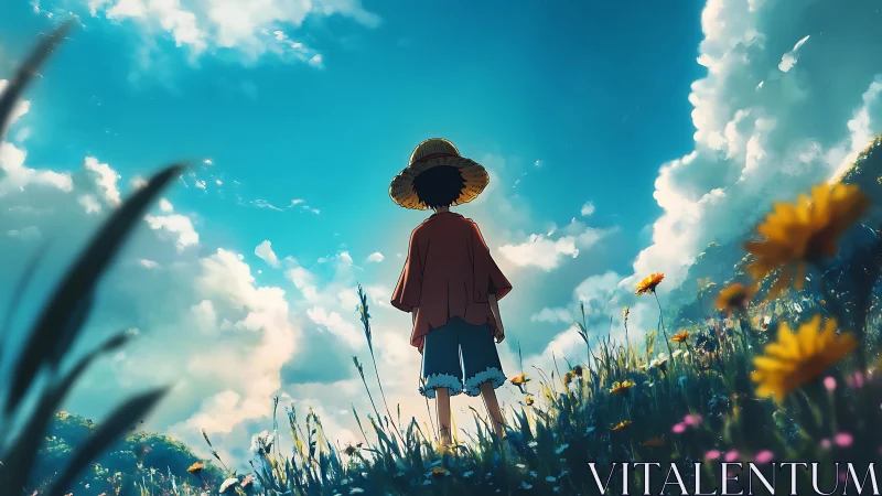 Backlit anime figure surveys wildflower field under expansive sky