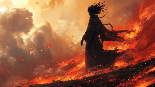Lone robed figure walking through swirling firestorm clouds.