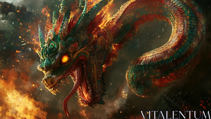 Serpentine dragon head emerges through flames amid dark smoke