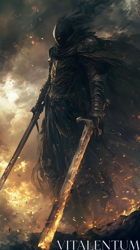 Ashen dreadknight rises with twin blades in storming fire.