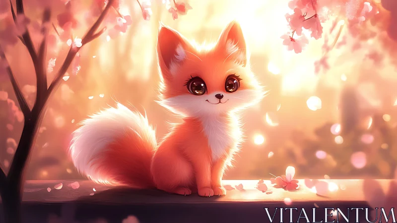 Kawaii fox character under glowing sakura bokeh lightscape.