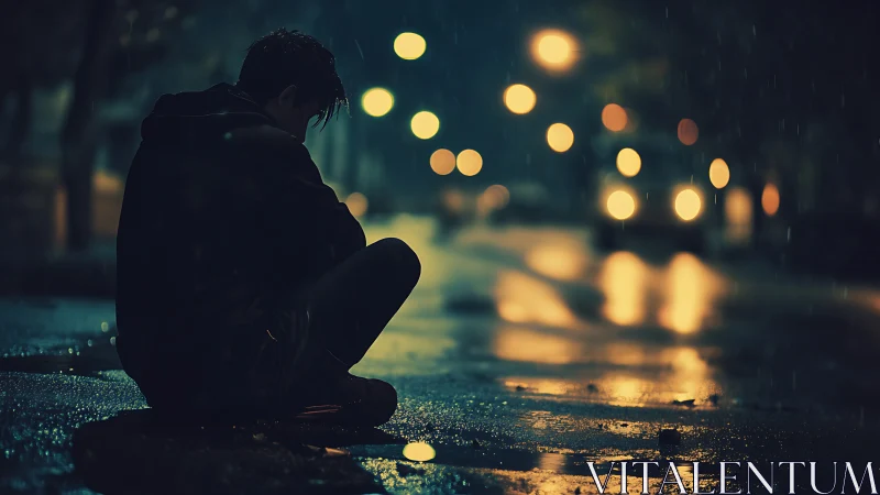 Rain-soaked loner beneath trembling city lights at midnight.