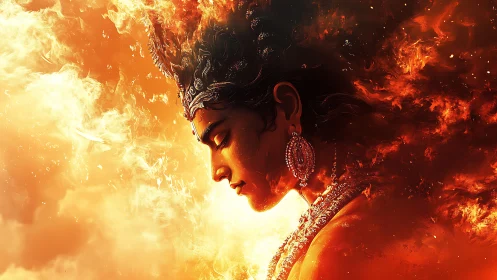 Serene fire deity in glowing ember-bright stillness.