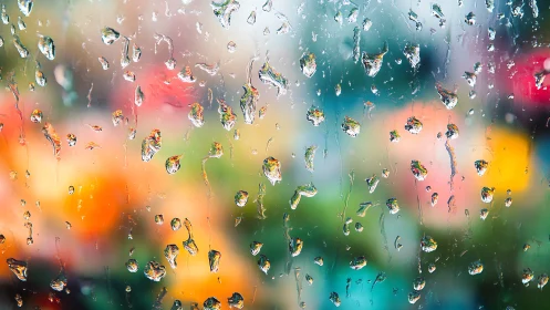 Raindrops on glass with blurred multicolored background.