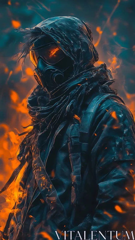 Hooded figure in gas mask amid stylized orange flames.