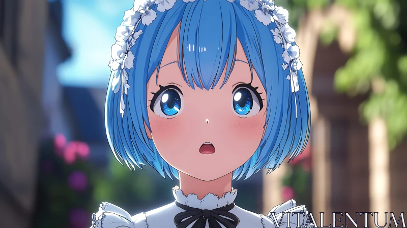Surprised blue haired maid girl gazes upward in sunlight