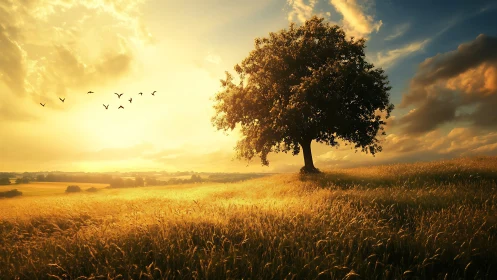 Sunlit lone tree guarding a sea of golden whispering grass.