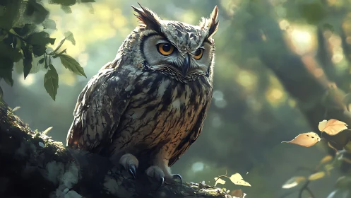Majestic owl perched on tree branch in dreamy digital art style.