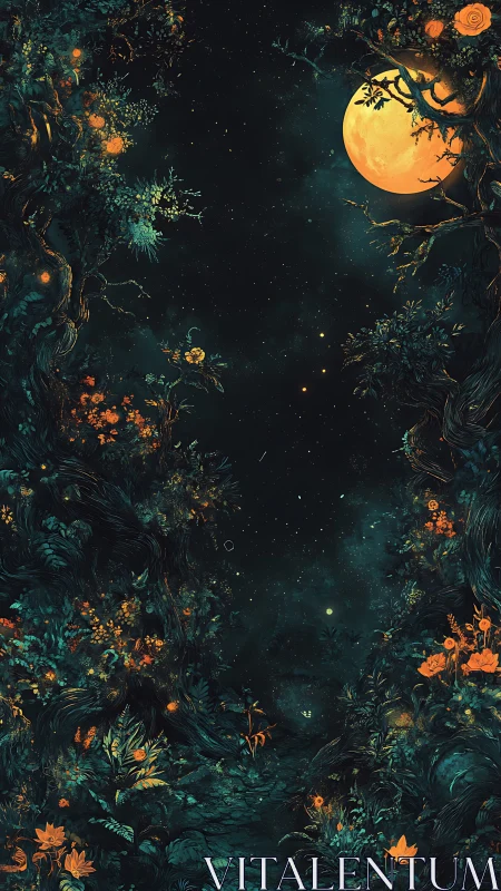 Luminous moonlit forest corridor under deep teal night sky.