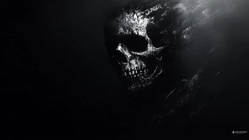 Weathered white skull emerging from a dark black void.