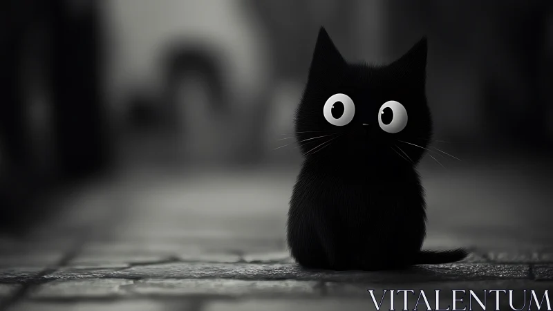 Wide-eyed midnight kitten quietly patrols a blurred alley