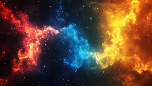 Cosmic red, blue, and gold nebulae collide across deep space.