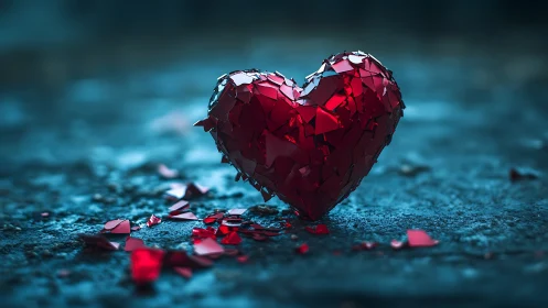 Fragmented Red Crystalline Heart Form on Textured Blue Surface