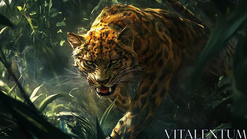Jungle Predator: Spotted Leopard Advancing Through Dense Vegetation