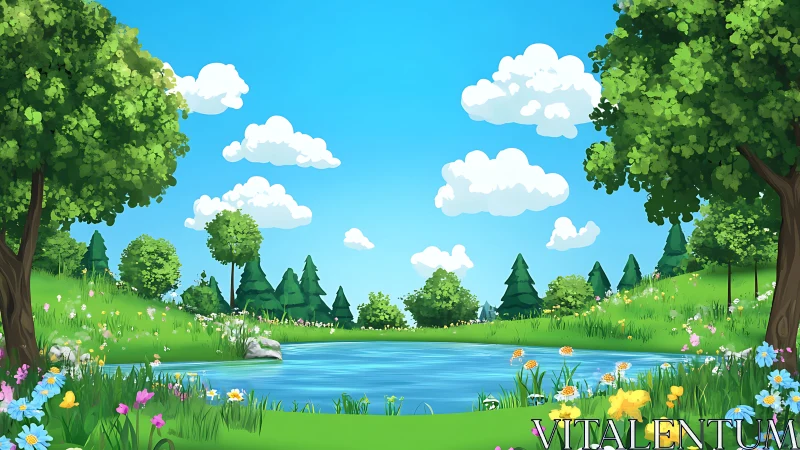 Lazy summer clouds drift above a storybook meadow pond