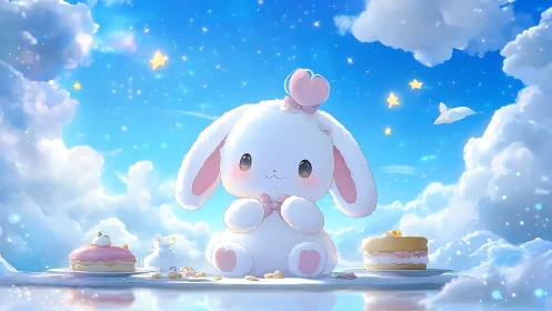 Celestial tea party with plush white bunny and pastel cakes