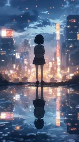Backlit schoolgirl observes illuminated skyline and reflective puddle