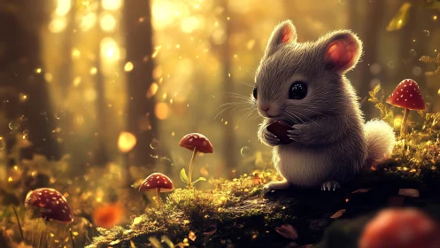 Tiny forest mouse with acorn amid glowing mushrooms.
