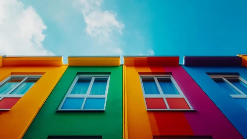 Colorful residential facade with windows under clear sky.