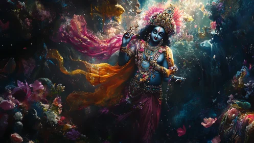 Divine blue figure with flute amid dense floral environment.