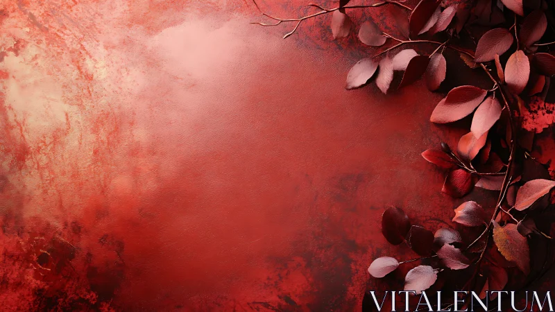 Red textured background with deep burgundy autumn leaves.