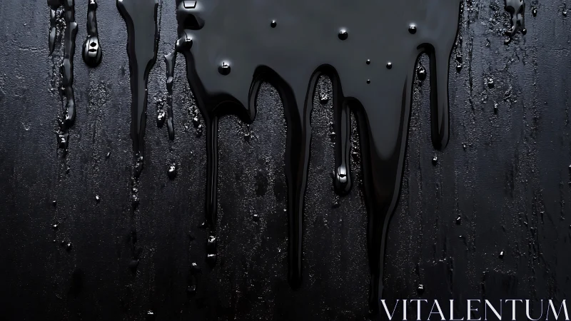 Glossy black liquid drips over textured dark surface.