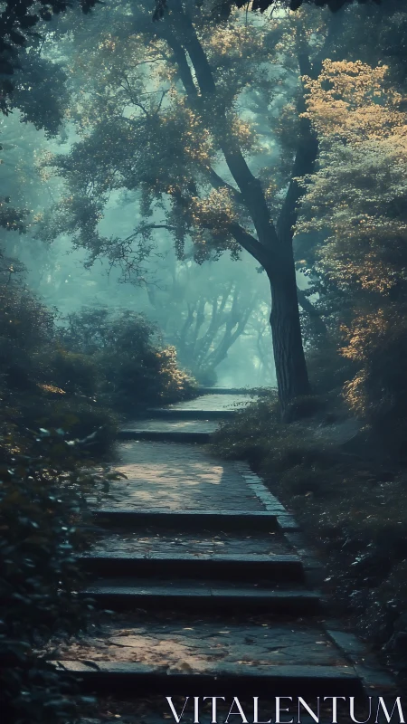 Ethereal Forest Path: Misty Woodland Passage with Golden Canopy.